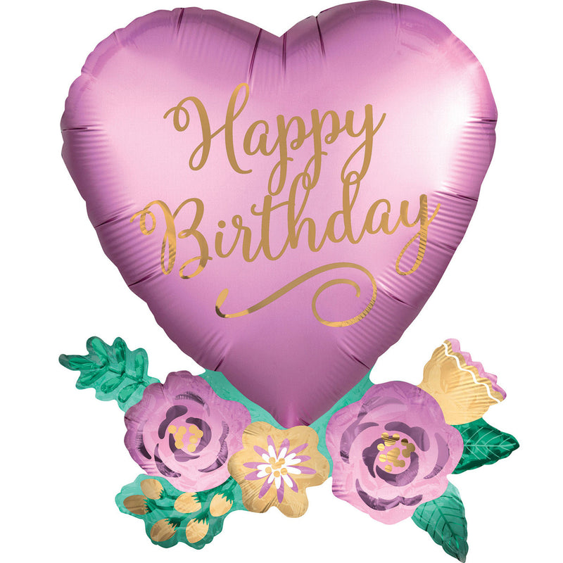 Birthday Satin Heart With Flowers SuperShape Balloon 58x76cm
