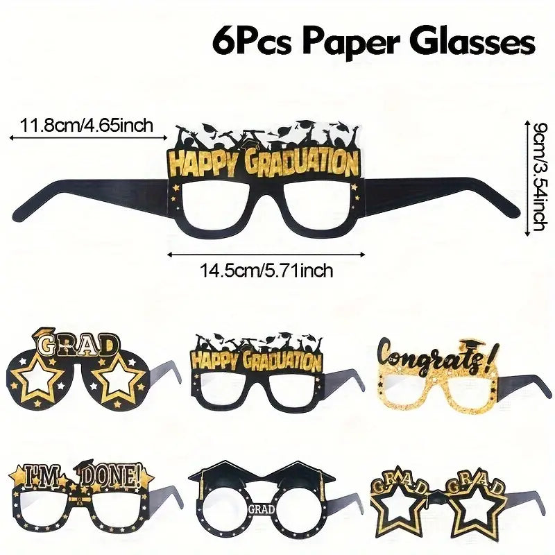 Graduation Paper Glasses - Black & Golden "GRAD" Photo Booth Props 6 pcs
