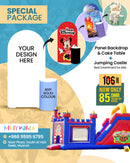 Custom Backdrop, Cake Table & Jumping Castle Party Setup