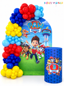 Paw Patrol colorful balloons backdrop and birthday display with Party World watermark