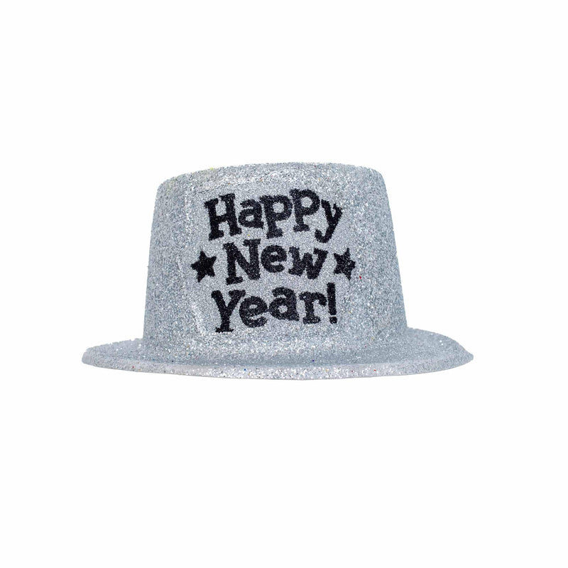 Happy New Year Silver Glitter Top Hat